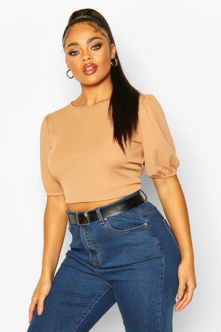 From the collection " Plus Size" - Crop-top in soft rib with short puff sleeves