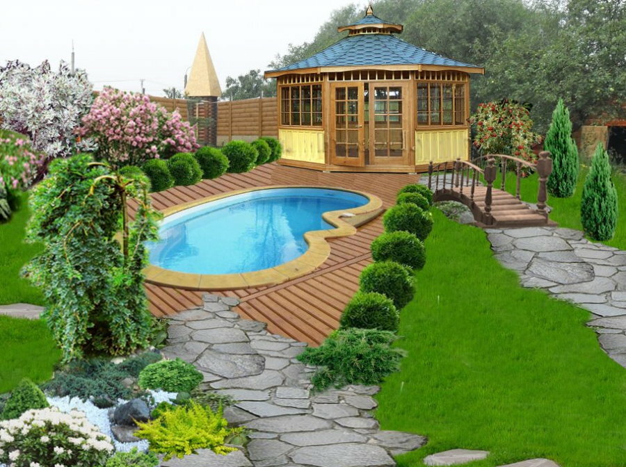 Mooie paden op een perceel met een zwembad en een tuinhuisje