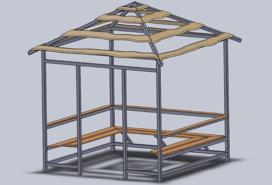 Projeto 3D de um gazebo quadrado com telhado de quatro águas