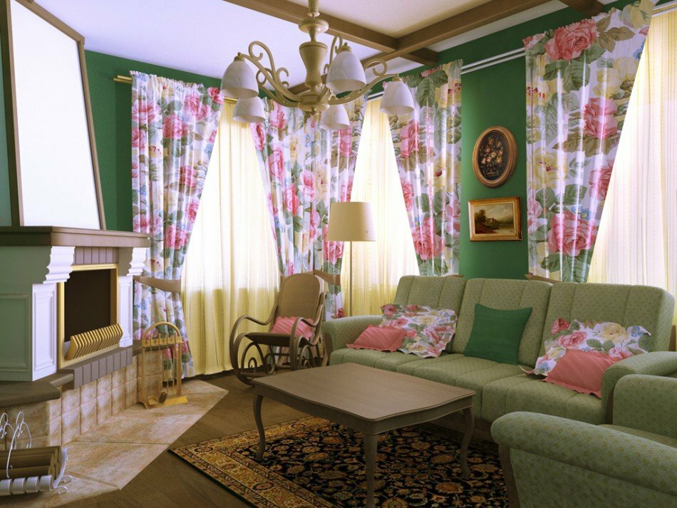 Interiér obývacího pokoje ve stylu Provence s pohovkou