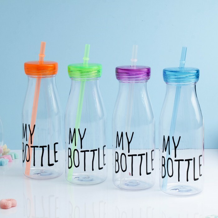 Botella de agua 550 ml My bottle, con pajita, deportiva, transparente, mix, 7x14,5 cm