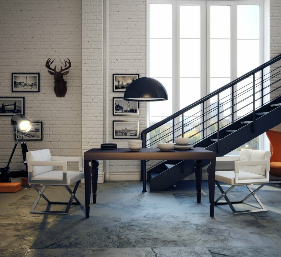 Sala de estar estilo loft con escalera