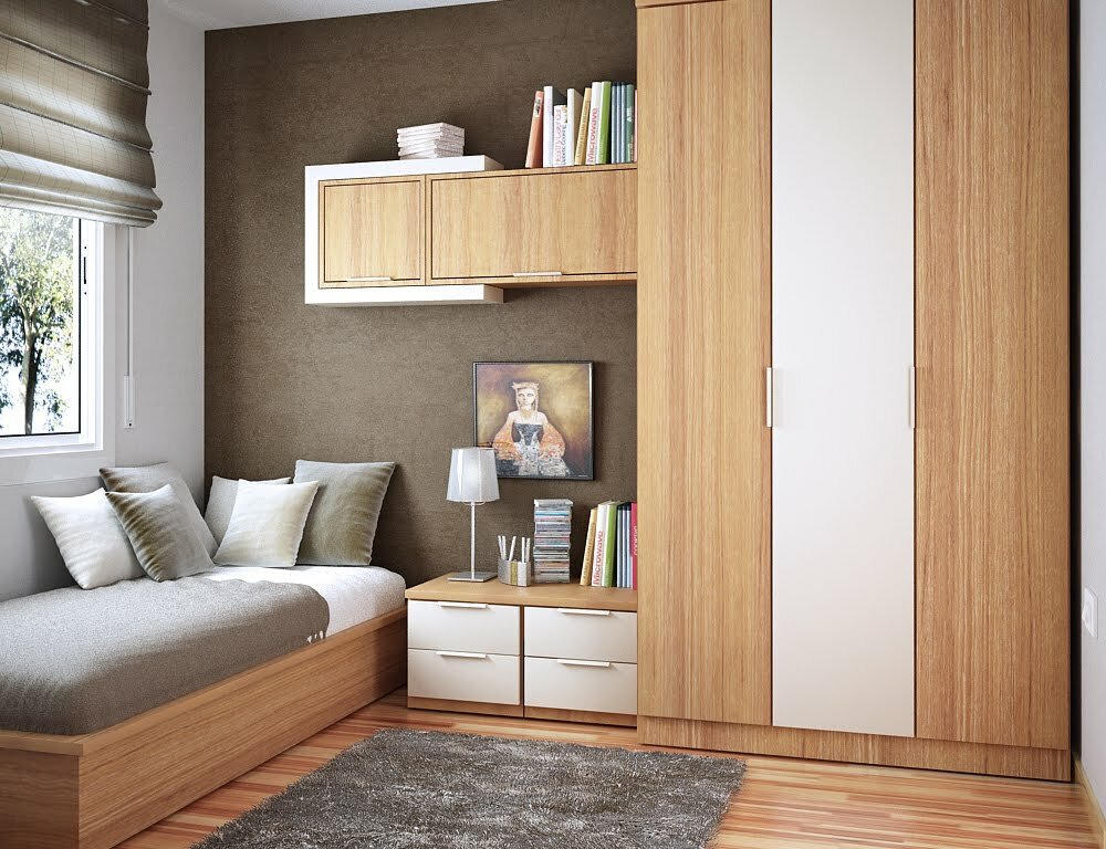 Muebles modulares en un dormitorio pequeño.