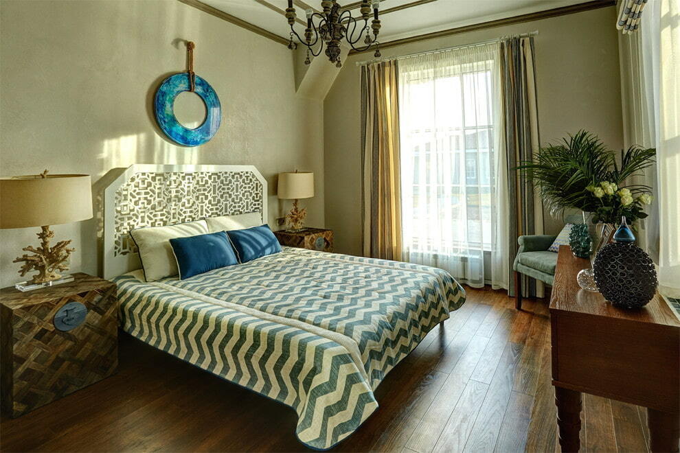 Wide bed with a high headboard