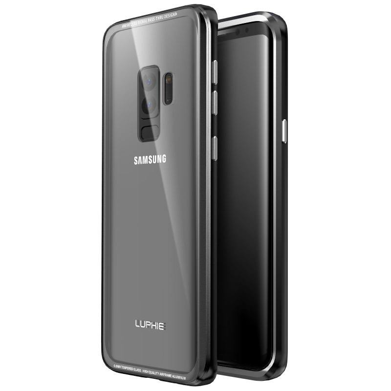  Bumper en métal + étui de protection en verre trempé transparent 9H pour Samsung Galaxy S9 Plus
