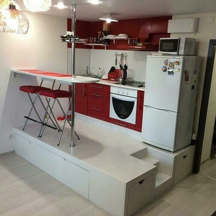Kitchen set with bed in the podium