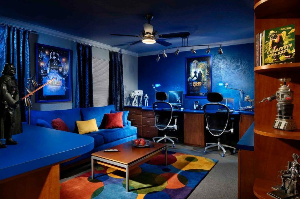 Gamer room interior in blue tones