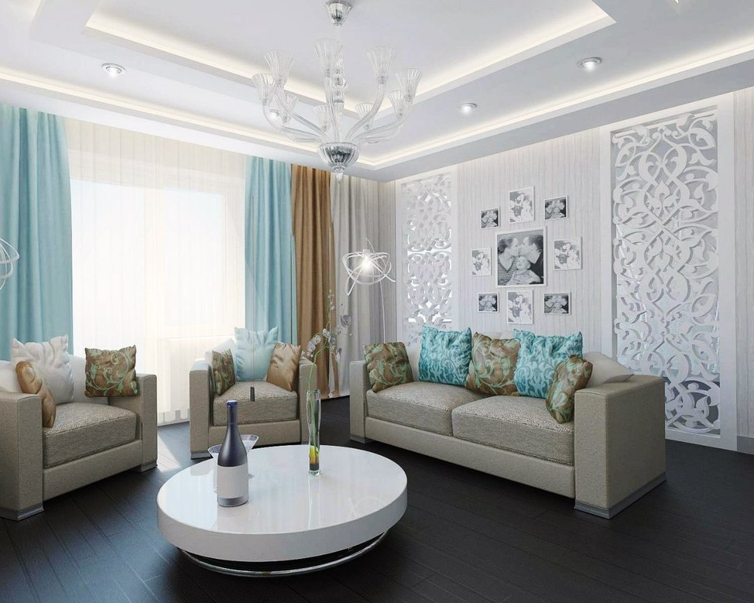 Blått rum: exempel på kombination med grå, rosa och andra toner, designfoto