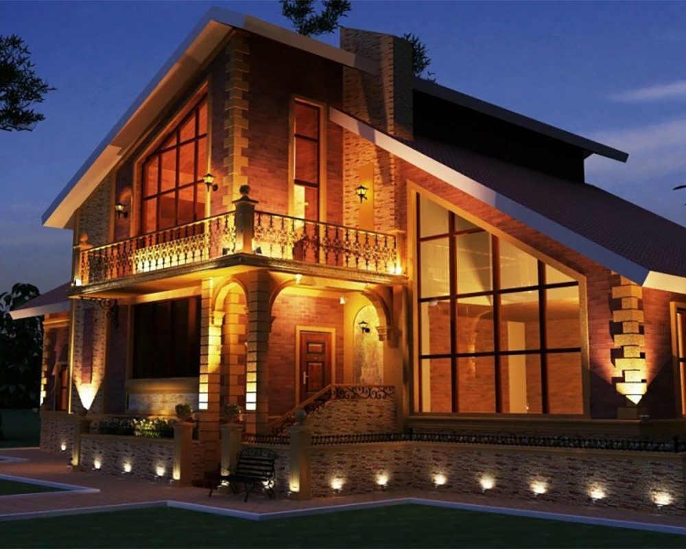 Soft lighting of the facade of a private house