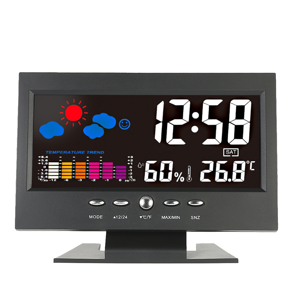 Digitális hőmérő Időjárás állomás higrométer Ébresztőóra Hőmérséklet-érzékelő óra színes LCD naptárral Hanggal aktiválható háttérvilágítás