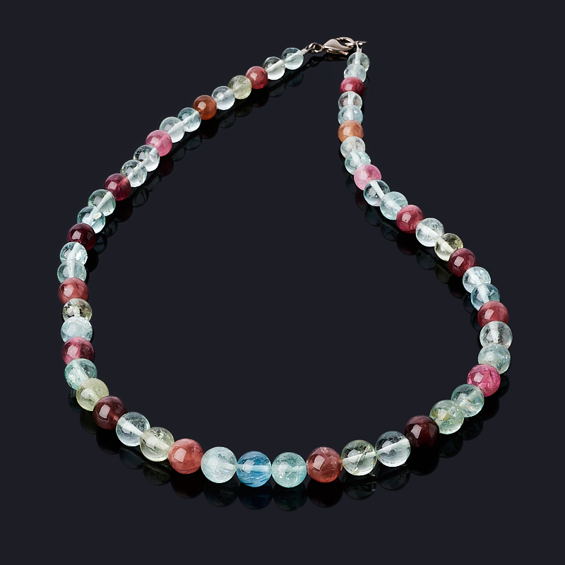 Beads aquamarine, tourmaline 48 cm (bij. alloy)