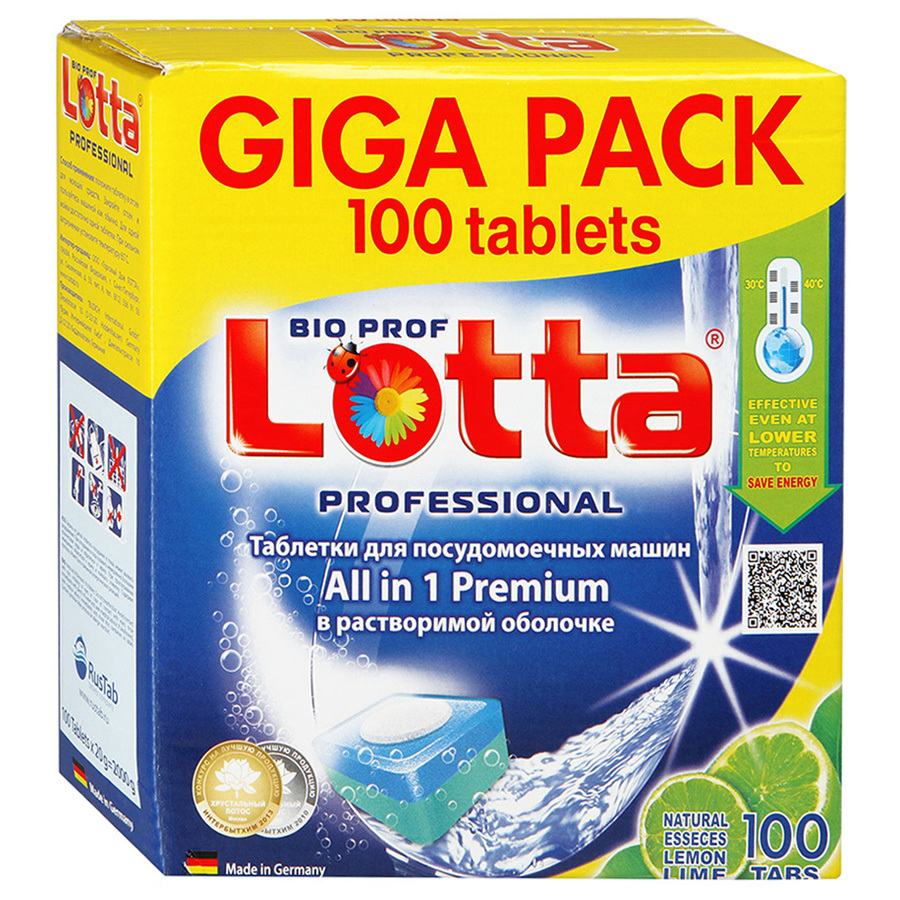 טבליות מדיח כלים Lotta Giga Pack All in 1 Premium Lemon במעטפת מתמוססת, 100 חתיכות