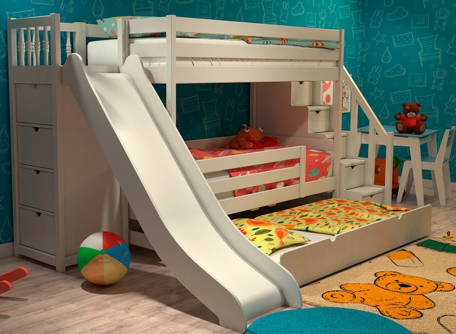 Un lit avec un lit gigogne dans une petite pièce