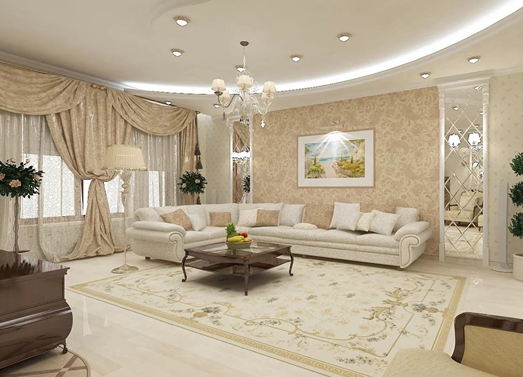 Fotoattēlā redzamas smilškrāsas tapetes klasiskās dzīvojamās istabas interjerā. Muižniecība un izsmalcinātība ir klasisko stilu galvenās iezīmes. Fotoattēlā smilškrāsas tapetes dzīvojamās istabas interjerā