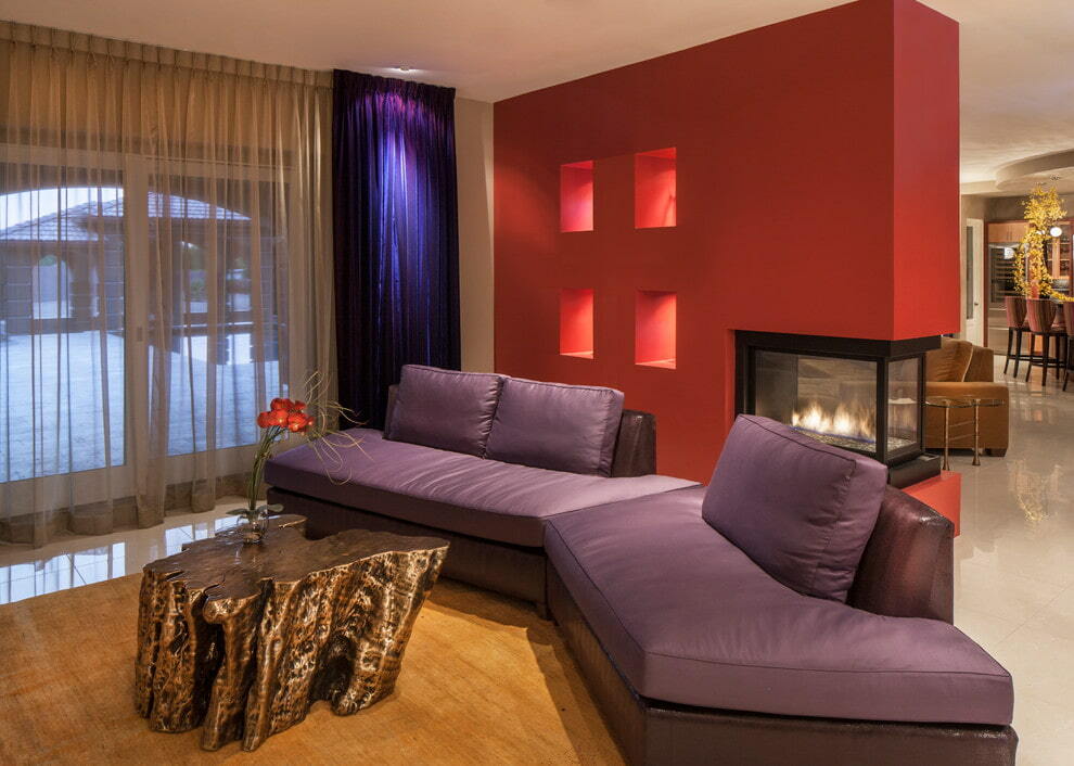 Modular sofa upholstered in purple leather