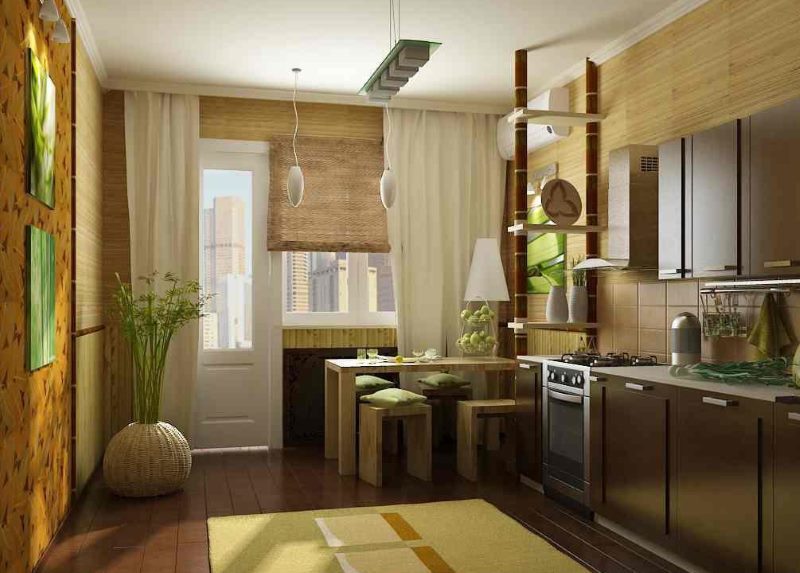 Virtuves dizains ar bambusa žalūzijas uz loga