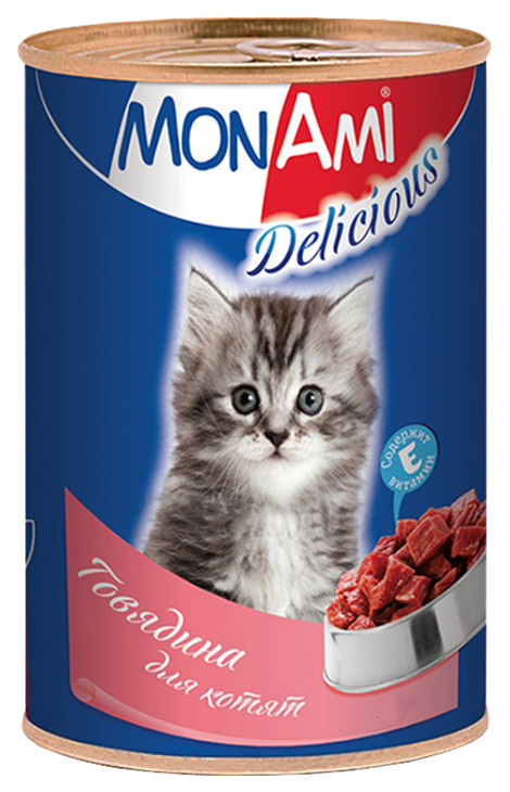 Comida enlatada para gatinhos MonAmi Delicious, carne, 350g