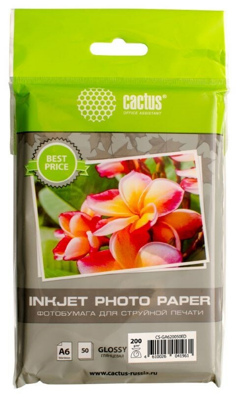 Papel fotográfico Cactus CS-GA620050ED A6, 200g / m2, 50L, branco brilhante para impressão a jato de tinta