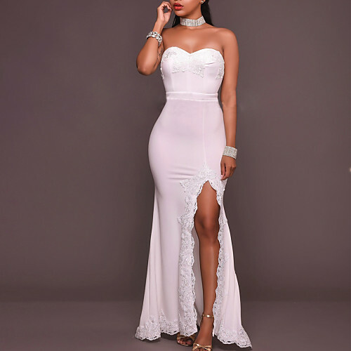 Female Party Slim Sheath Dress - Solid Colored, Lace Split Strapless Maxi / Sexy