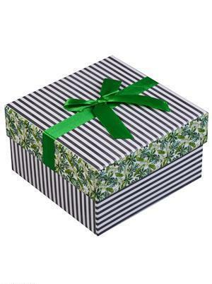 Gift box Green leaves 11 * 11 * 6.8cm, decor. bow, cardboard, Hansibag