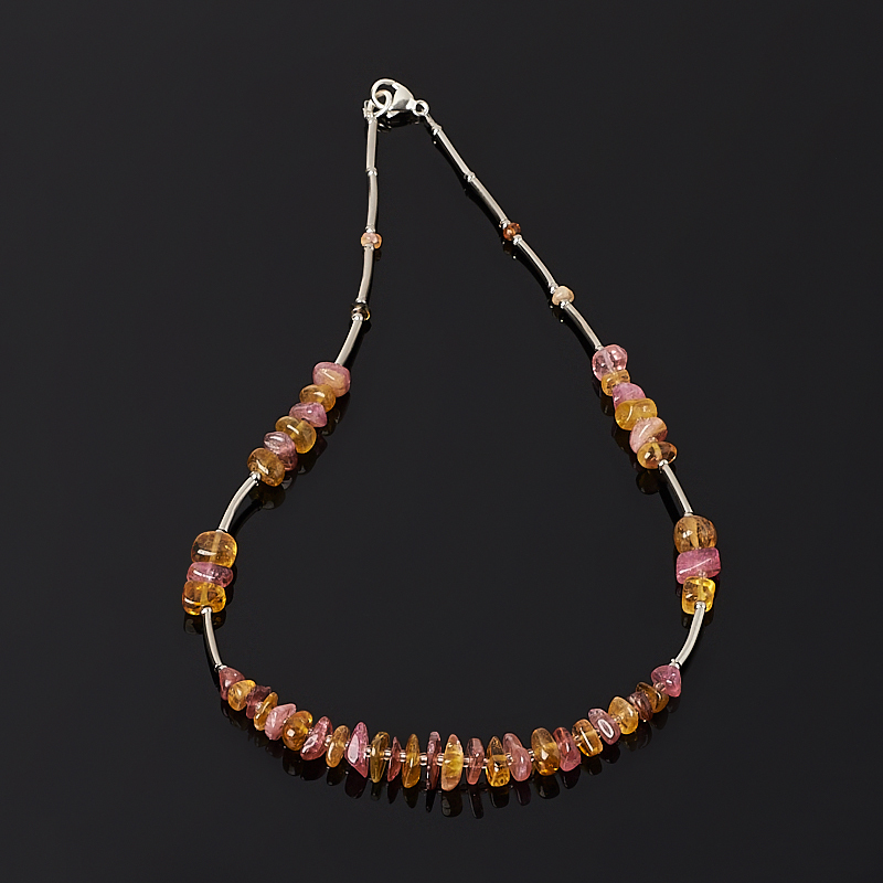Perle turmalin žute (dravit), ružičaste (rubellite) (bij. legura) (ogrlica) 45 cm