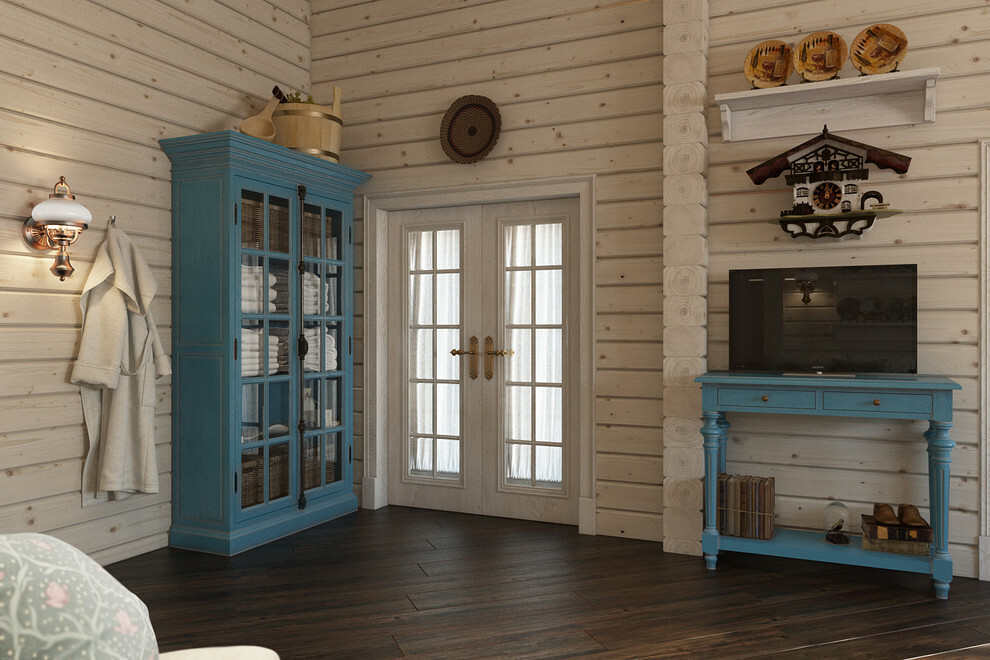 Muebles azules en una casa de madera de un bar.