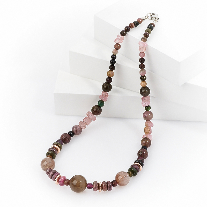 Perles quartz rose, rauchtopaz, quartz rutile, tourmaline (bij. alliage) 44 cm