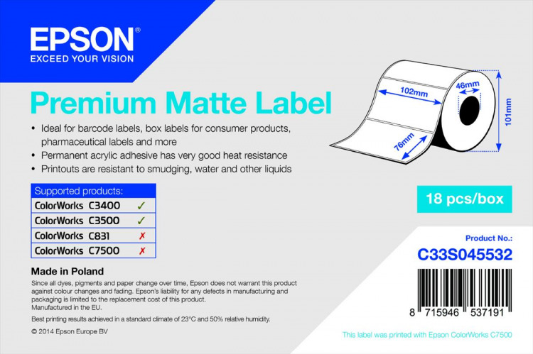Epson Premium matt etikettpapir 102x76 mm