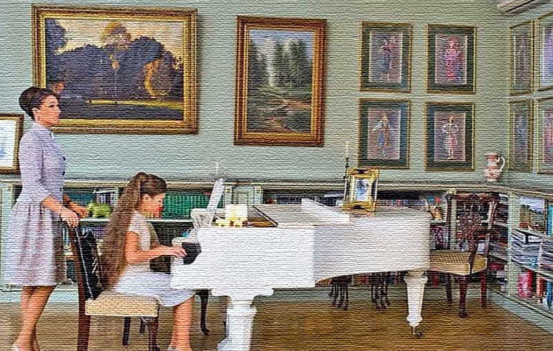 Un pianoforte bianco come la neve è stato posizionato nell'area della biblioteca, in cui la figlia dell'attrice suona la musica