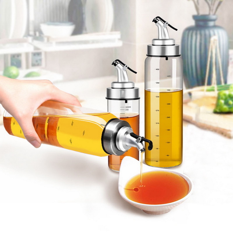 Hordozható olajadagoló fűszerpalackok adagolója skála mártásos üveggel Üveg tároló palackok olajecetes konyhai kellékekhez