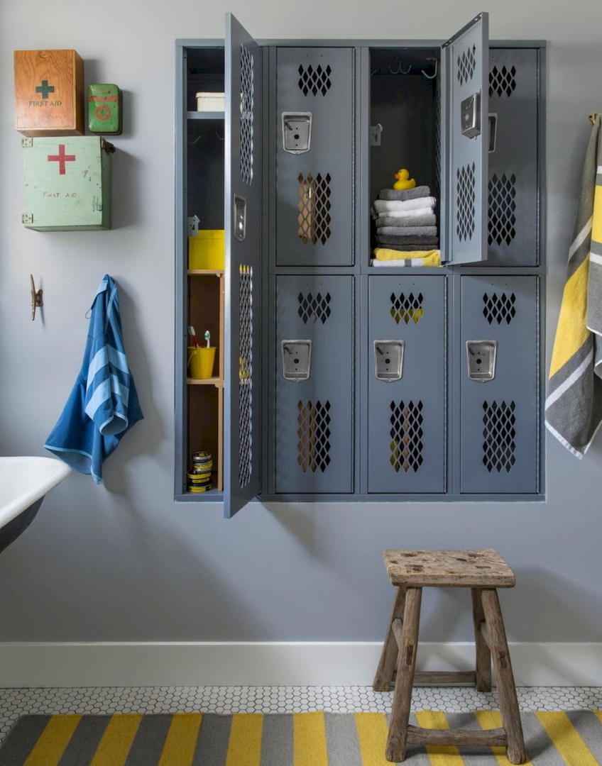 Photo of built-in metal cabinets in the bathroom