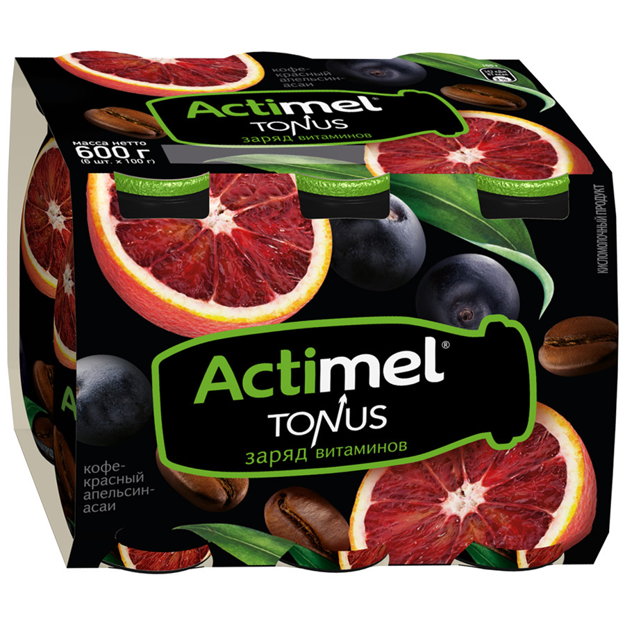Raudzēts piena produkts Actimel bagātināts Kafijas ekstrakts-sarkans apelsīns-acai 2,5%, 6 * 100g