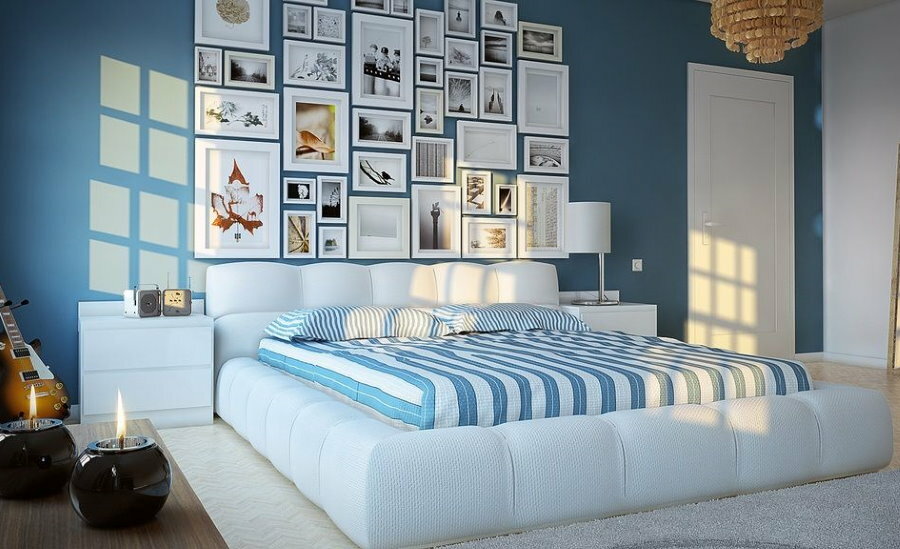 Dekors ar guļamistabas sienas fotogrāfijām