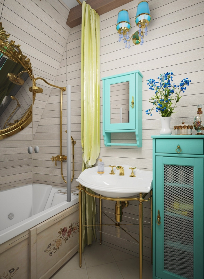 Provanso stiliaus mažo vonios kambario interjeras