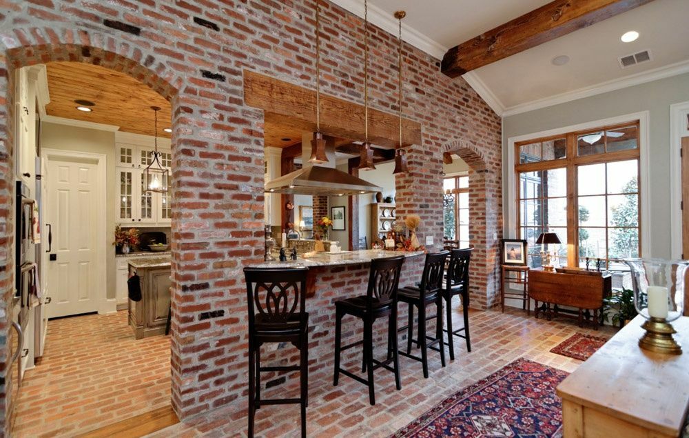 Rustic living room with brick wallpaper