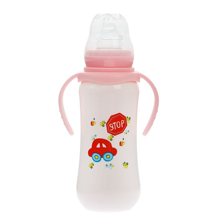 Maitinimo buteliukas su rankenomis, 280 ml, nuo 0 mėn., Baltas / rožinis, MIX raštu