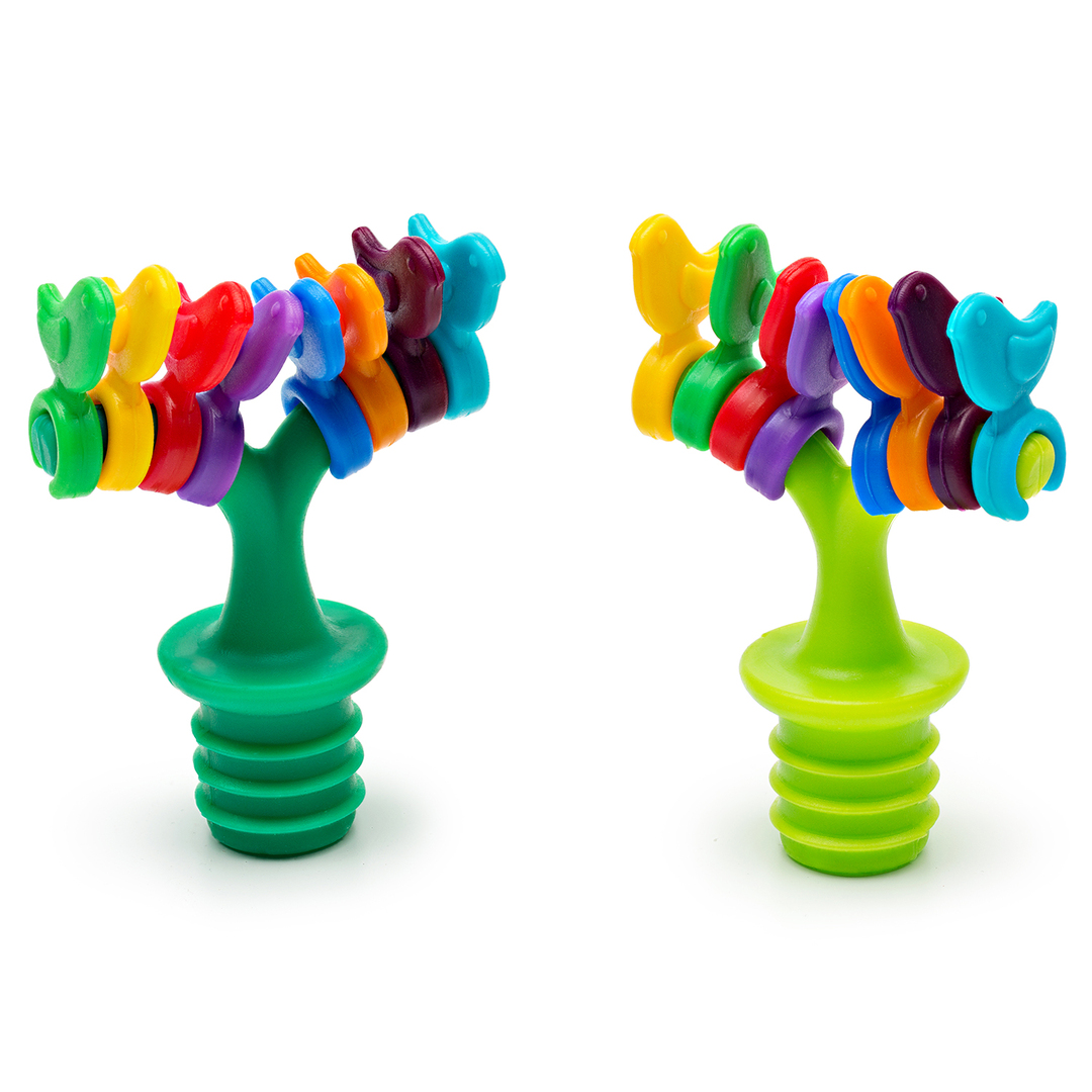 Menu set Birdies: bottle stopper and glass markers 8pcs, silicone, PTK-01