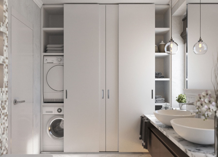 Sliding wardrobe with laminated chipboard doors in a large bathroom