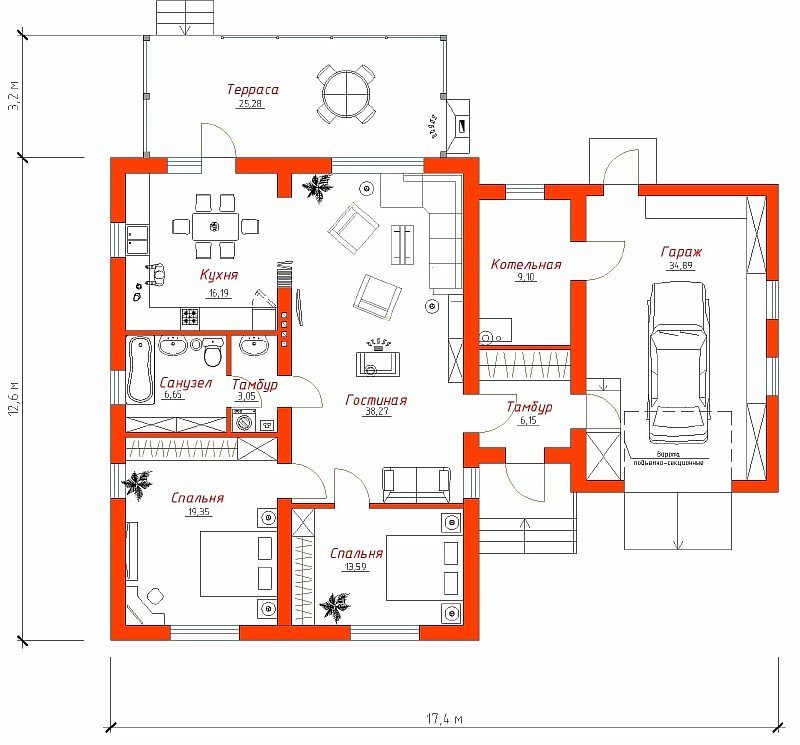 Dimensionerna av huset med ett garage