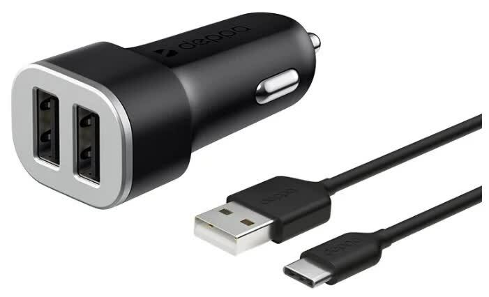 Autós töltő Deppa 2 USB 2.4A + USB Type-C kábel fekete
