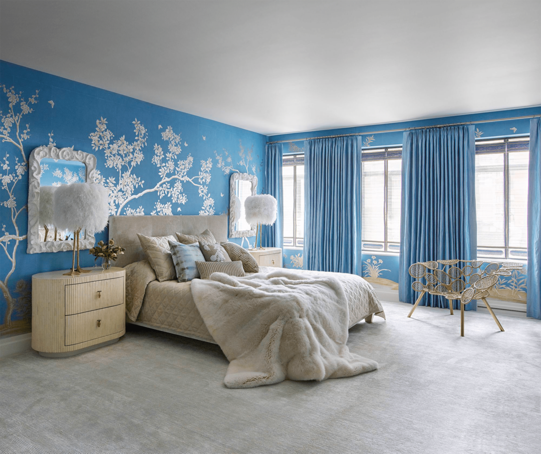 papel tapiz azul en el dormitorio