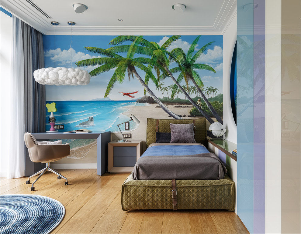 Background with palm trees in the nursery of the sea style