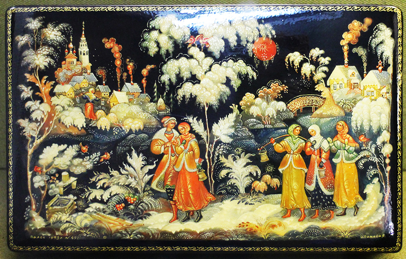 Palekh is characterized by the plot of Russian folk tales, always depicted on a black background