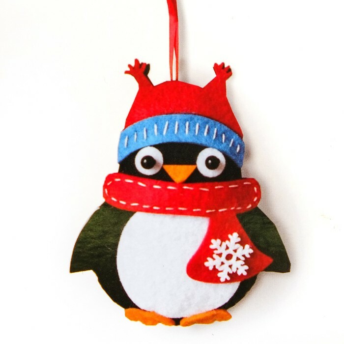 Set for creating a hanging Christmas tree decoration made of felt " Penguin in a scarf"