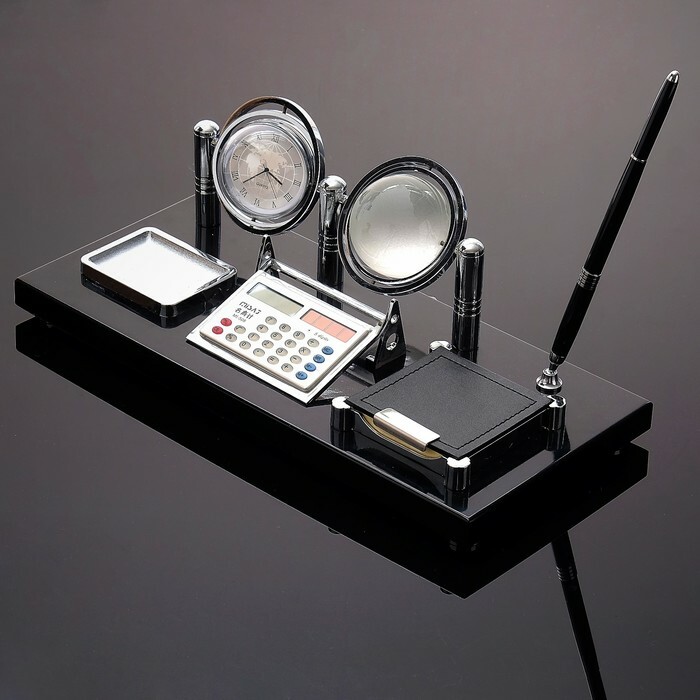 Skrivbordssats 6in1 (klot, klocka, miniräknare, pappersblock, gem, penna), 16x35 cm