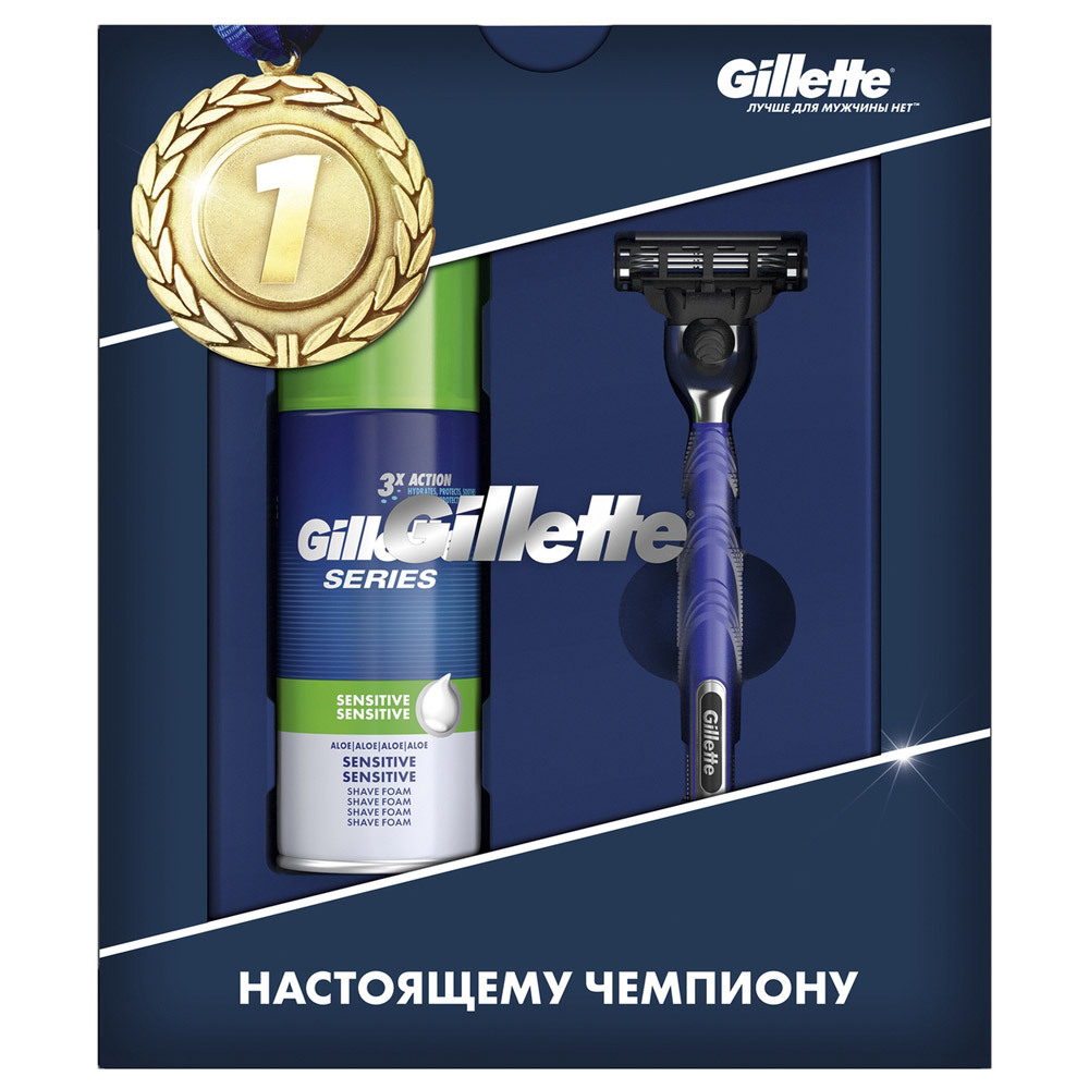 Lahjapakkaus Gillette Razor Mach3 Aloita yhdellä vaihtokasetilla + partavaahto Sensitve Skin Aloe 0,1l