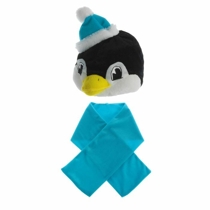 Carnavalsmuts " Pinguïn in een blauwe muts met een sjaal" hoofdomtrek 54-58cm