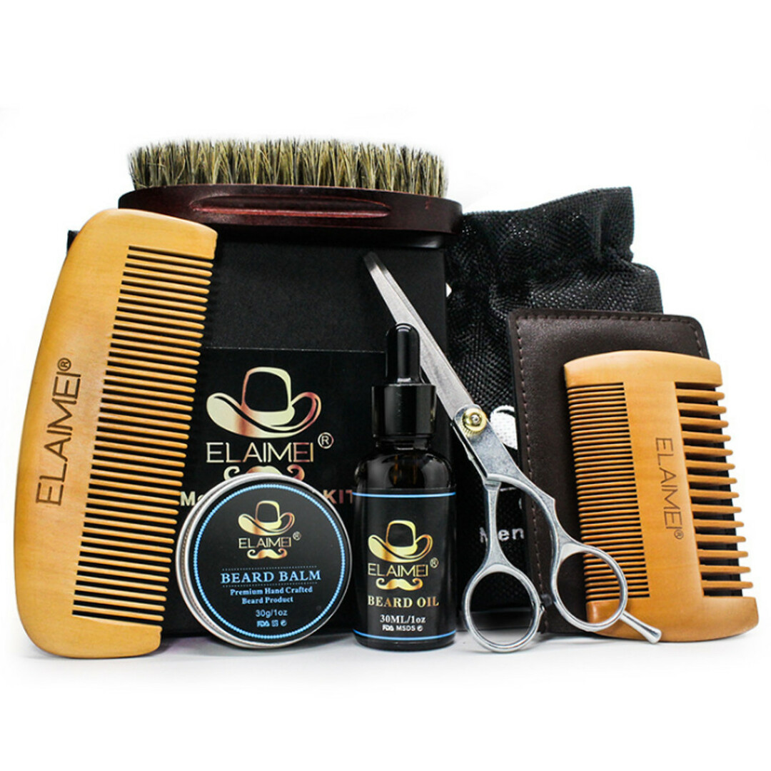 Beard Grooming Set för män 7-i-1 Beard Grooming Kit Beard Sax Sax Kamborste Beard Oil Balm Grooming Beard Hairbrush