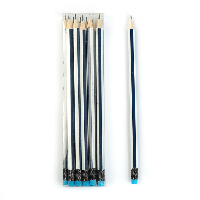 Zīmulis h / g ar HB dzēšgumijas sešstūra korpusu Zilas un baltas svītras