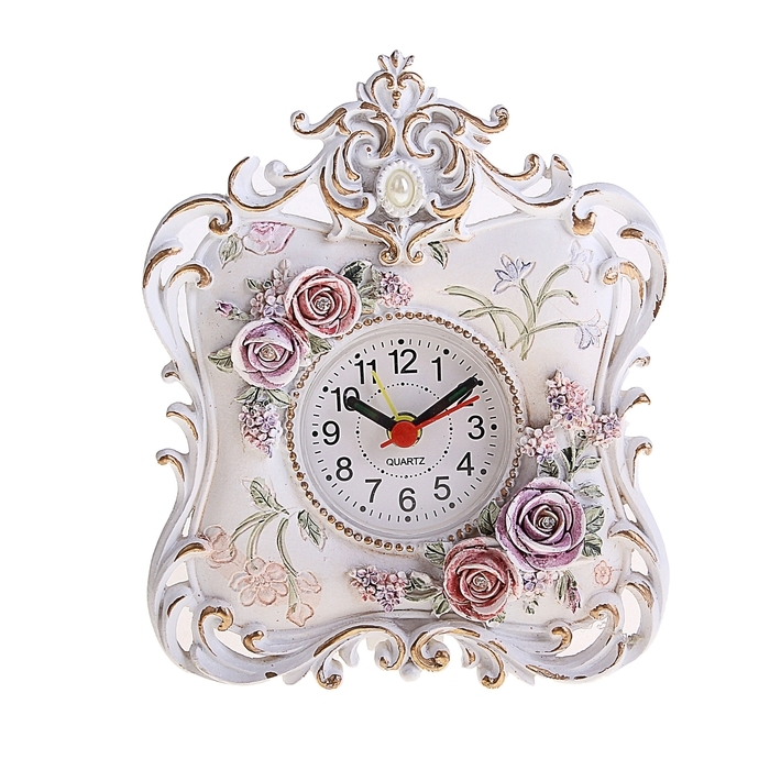 Alarm clock Stucco series. Rectangle, Roses on the edges and patterns beige 11.5 * 14.5cm